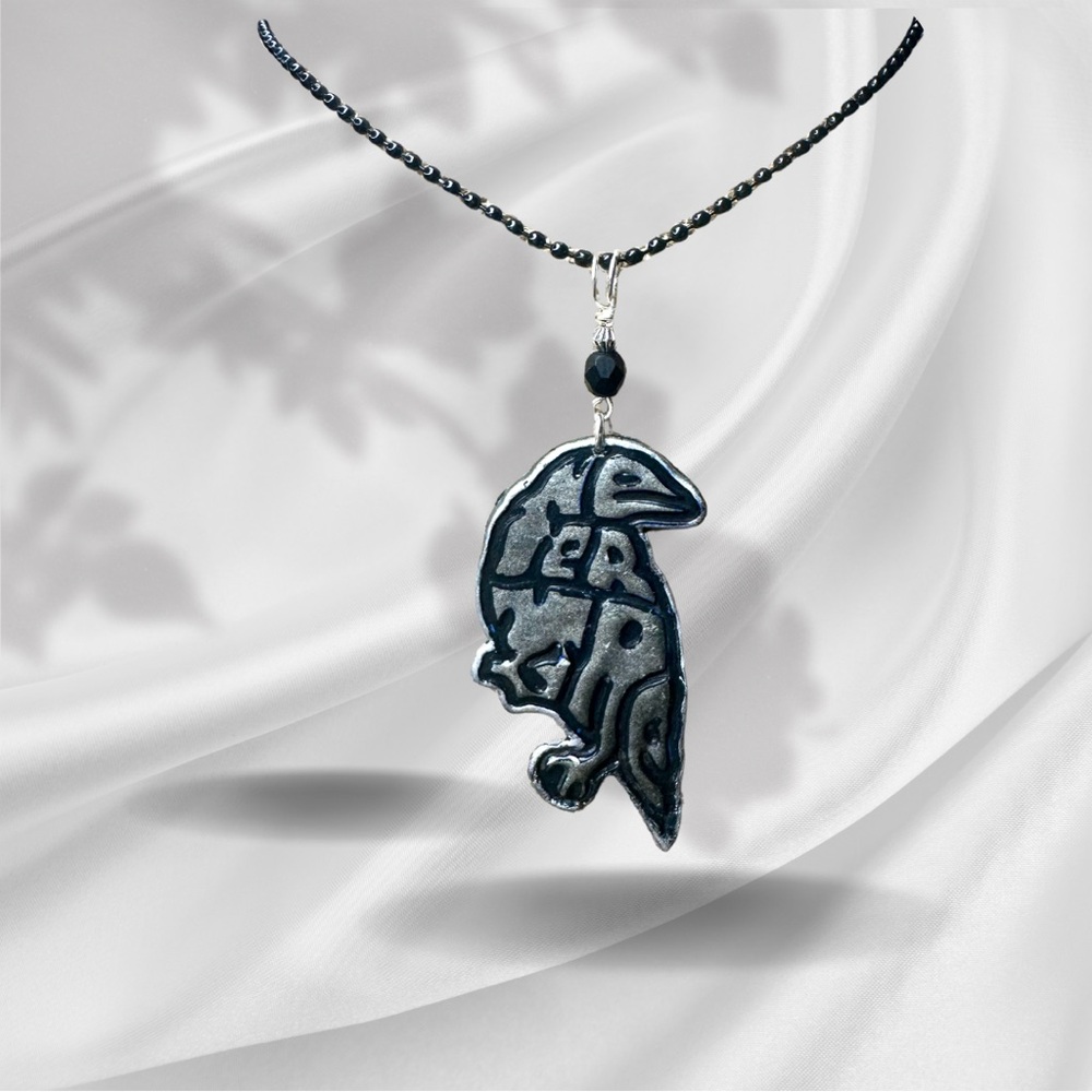 Handmade Nevermore Raven Polymer Clay Pendant Signed Artisan Piece